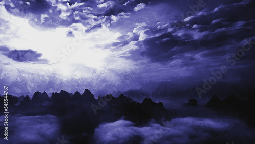 Gloomy clouds over the mountains, panoramic view of the evening sunset, mystical atmosphere