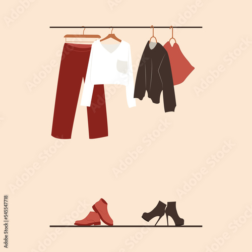 Fashion clothes vector flat illustration. Collection of trendy clothing for vacation. Colored stylish shoes, dress, trousers, and shirt.