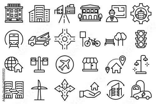 Conjunto de iconos de infraestructura. Concepto de medios técnicos, servicios e instalaciones. Edificios, supermercado, carreteras, aeropuerto, transporte, metro. Ilustración vectorial