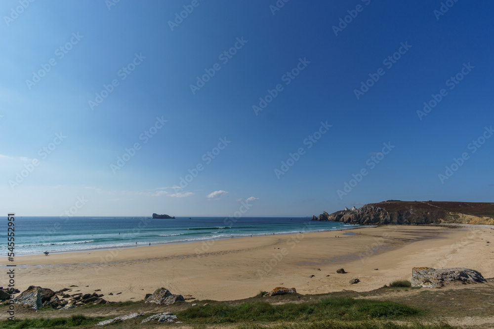 View on the beach of Pen hat in Camaret sur mer on the peninsula of Crozon on a sunny day, Brittany, France