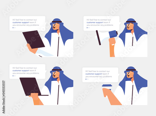 Arabic characters businessmen Poses With Popup MessageSupport