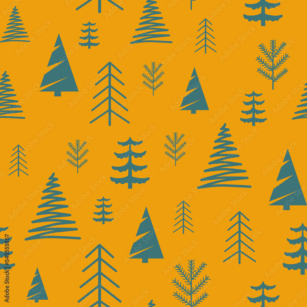 Obraz premium Vector seamless pattern with blue Christmas trees on a yellow background in a flat style. Ideal for print, wrapping paper, wallpaper, fabric, design.