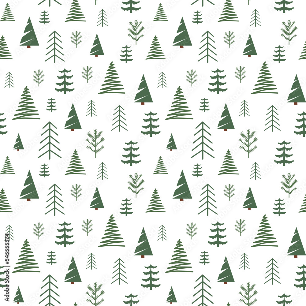 Fototapeta premium Vector seamless pattern with green Christmas trees of different shapes on a white background in a flat style. Ideal for print, wrapping paper, wallpaper, fabric, design.