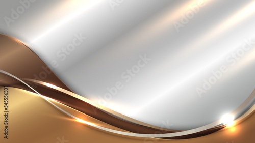 Abstract 3D luxury golden wave form ribbon lines elements with glowing light effect on white background.