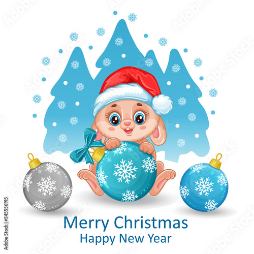 Cute New Year rabbit with Christmas tree balls. Happy bunny in holiday Santa Clause red hat with decorative round glass fir toys. Hare animal in snow forest. Winter festive Xmas greeting card. Vector