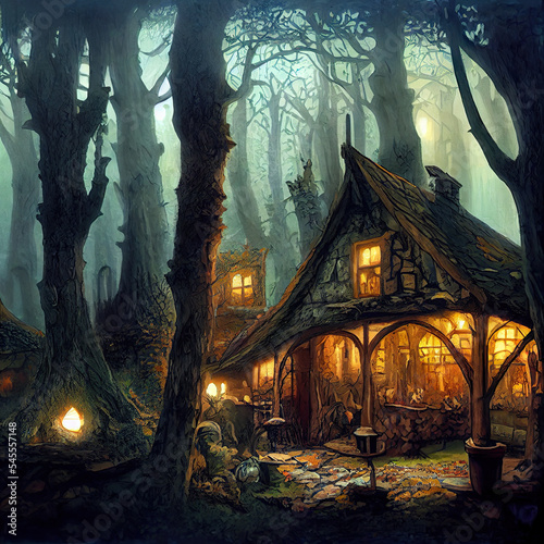 Medieval tavern glowing in spooky woods, digital painting.