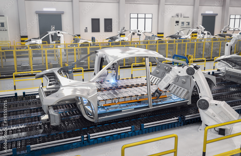 Robot assembly line with electric car battery cells module on platform - obrazy, fototapety, plakaty 