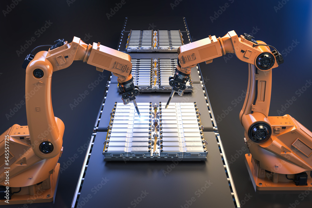 Robot assembly line with electric car battery cells module on platform - obrazy, fototapety, plakaty 