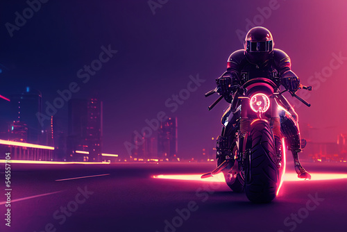 Spectacular digital art 3D illustration of a cyberpunk rider on a future bike or cruiser with a vivid and glowing neon light. Cyberpunk landscape with retrowave and synthwave at night.
