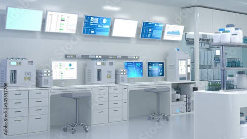 white futuristic digital laboratory with machine and computer screen