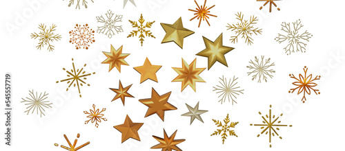 new year pattern. Christmas theme, golden openwork shiny snowflakes, star, 3D rendering.