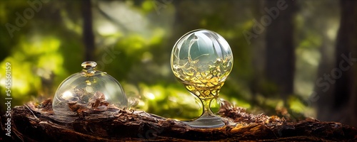 Close up of glass globe in the forest. AI generated art illustration photo