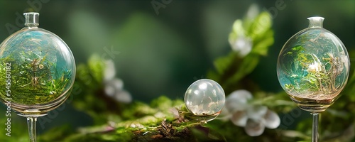 Close up of glass globe in the forest. AI generated art illustration photo