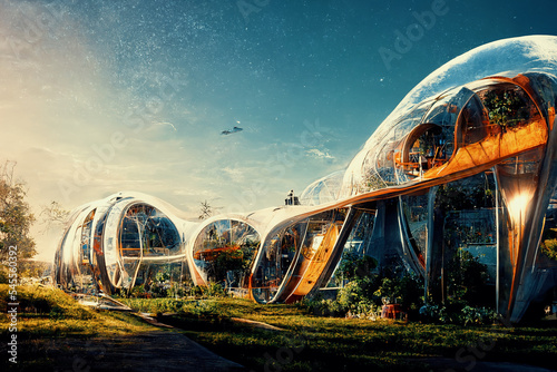 Fototapete Space expansion concept of human settlement in alien world with green plant as proof of life in space