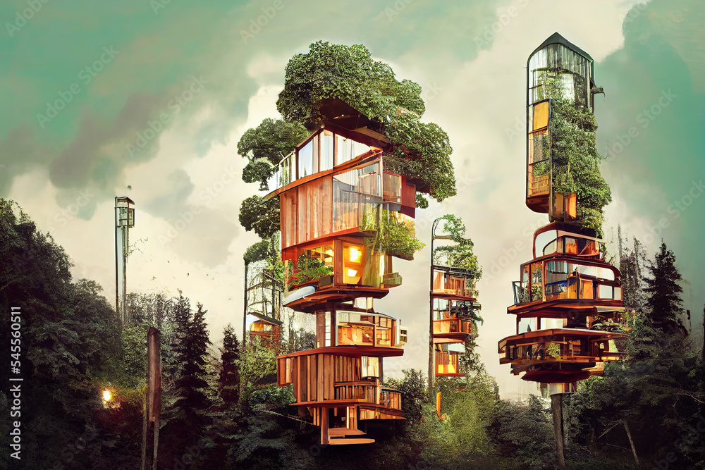 Spectacular concept art of environmental friendly modern treehouse with