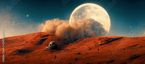 Obraz na płótnie Spectacular panoramic view of Mars landscape, thin atmosphere horizon sky, and bright moon during daytime