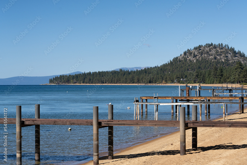 Series of piers along Lake Tahoe beach