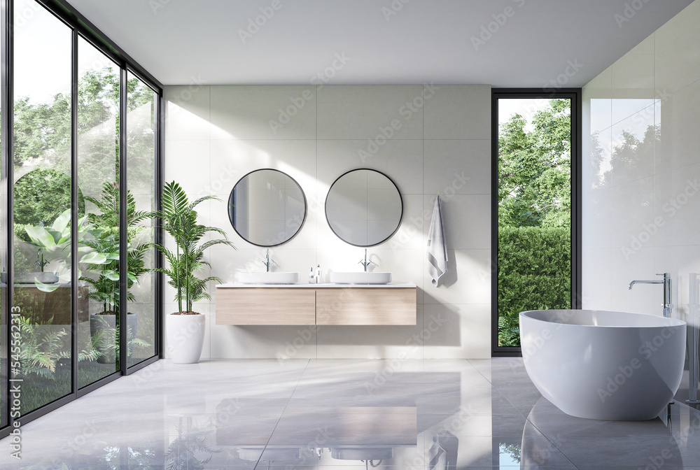 Modern luxury white bathroom with tropical style garden view 3d  render,There are marble floor decorated with wooden sink counter sunlight  shine into the room Stock 일러스트레이션