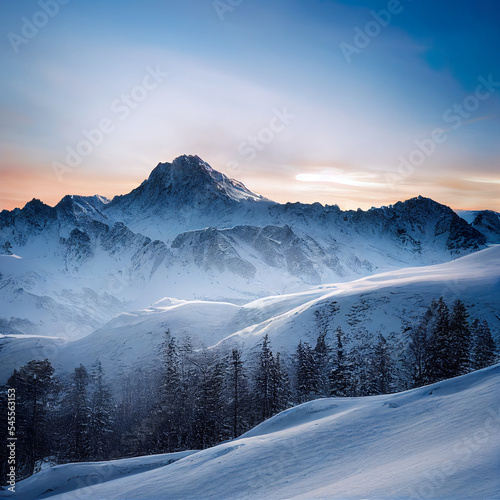 Snow-capped mountain peaks in winter Digital illustration © Visual Content