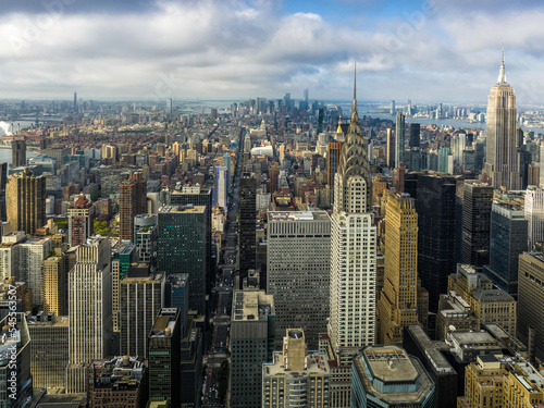 New York City skyline with Lower Manhattan in background  sunny morning with few clouds