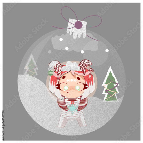 Ilustración dibujadas a mano de niña y esfera de navidad.