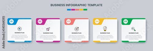 Business infographic design template with icons and 5 options or steps. Can be used for workflow, presentation, etc. Vector illustration