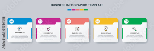 Business infographic design template with icons and 5 options or steps. Can be used for workflow, presentation, etc. Vector illustration