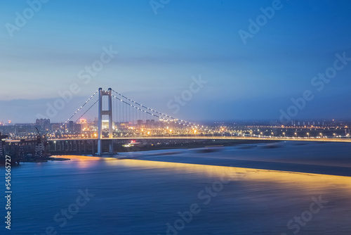 Yangtze River Bridge and Night View of the Yangtze River in Jiangyin City, Jiangsu Province, China