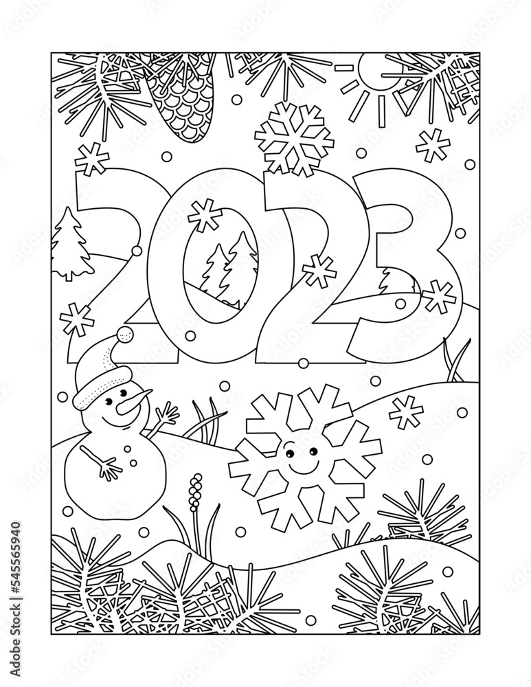 Coloring page with year 2023 sign, gingerbread man, smiling snowflake and winter scene. Suitable both for kids and adults.
