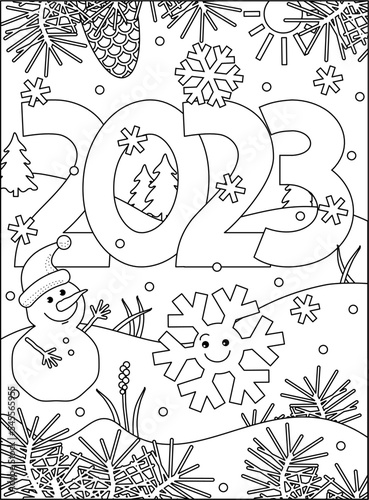 Coloring page with year 2023 sign, gingerbread man, smiling snowflake and winter scene. Suitable both for kids and adults.
