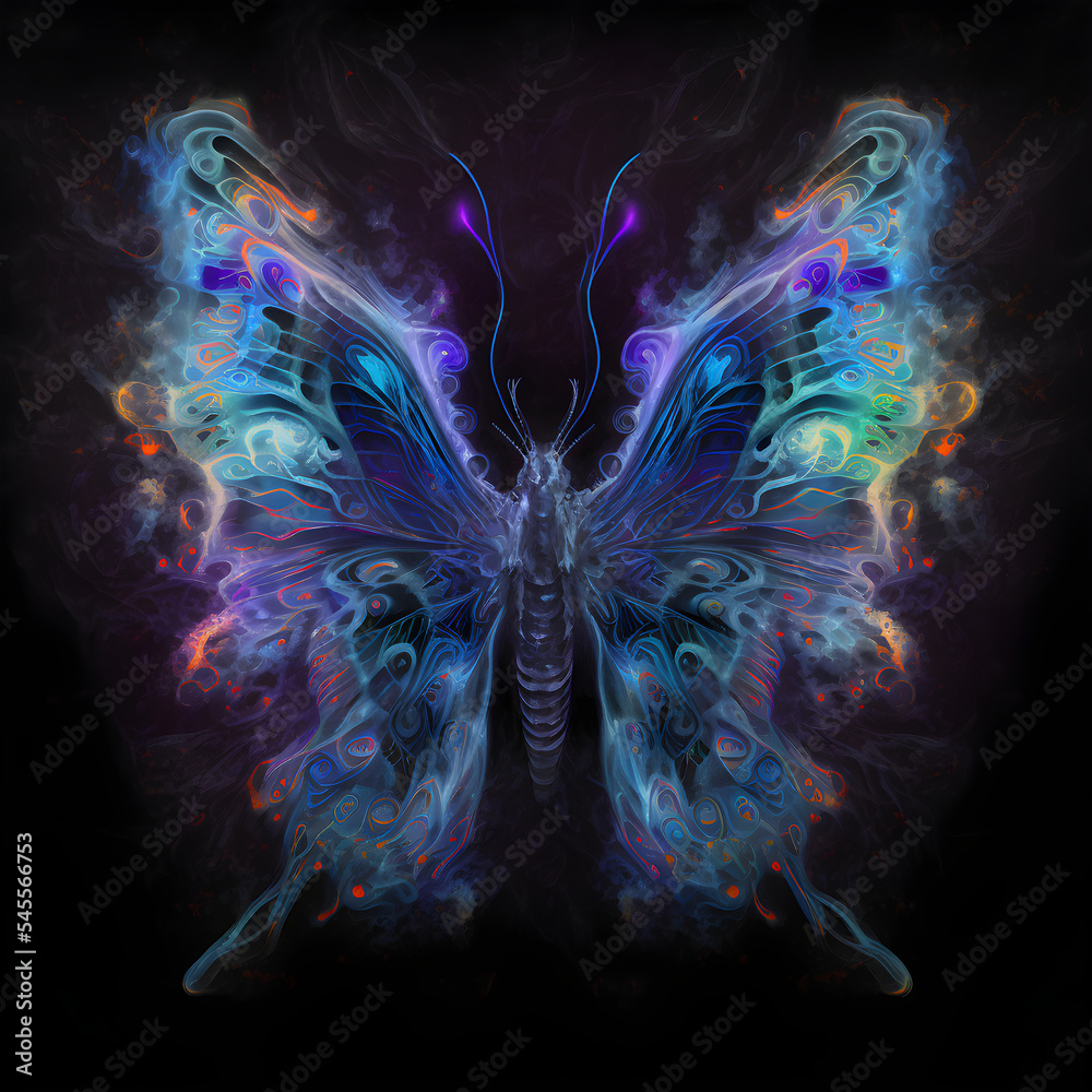Neon bright portrait of a cute butterfly in a hand drawn style