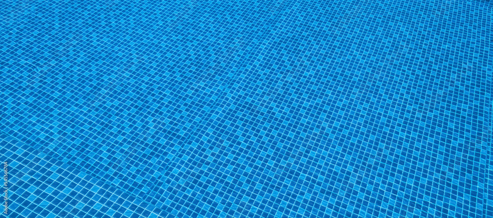 Mosaic tile pattern in the pool. Blue swimming pool banner background. Mosaic tile pattern in the pool. Blue swimming pool banner background.