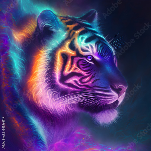 Neon bright portrait of a tiger in a hand drawn style