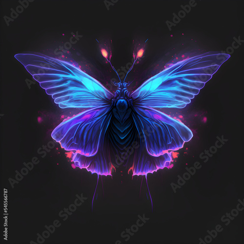 Neon bright portrait of a cute butterfly in a hand drawn style