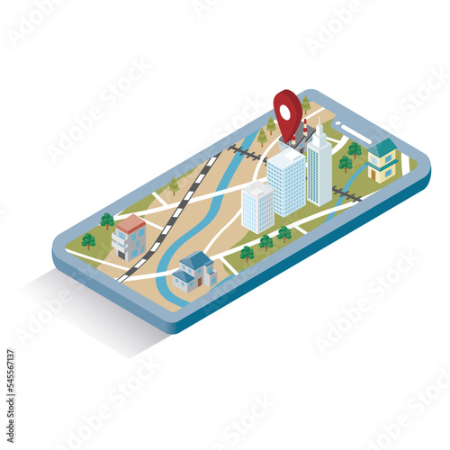 アイソメトリック_GPSを起動したスマホの立体的な地図のイメージイラスト