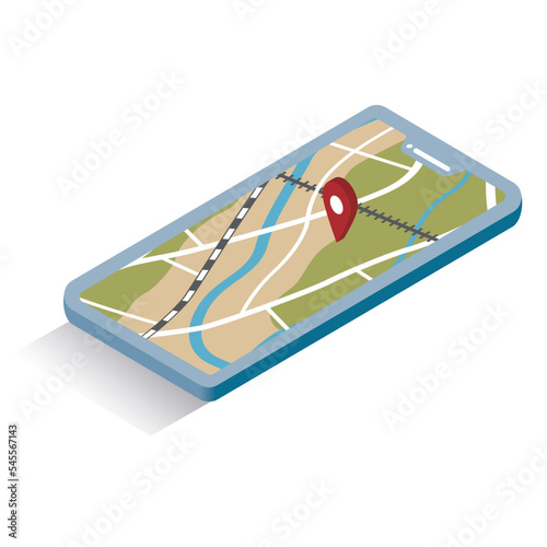 アイソメトリック_GPSを起動したスマホの地図のイメージイラスト