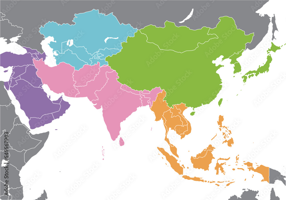 東アジア、東南アジア、中央アジア、南アジア、西アジア、国連によるアジアの地域区分