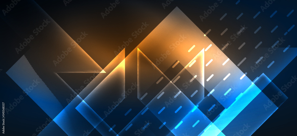 Background wallpaper neon glowing lines and geometric shapes. Dark wallpaper for concept of AI technology, blockchain, communication, 5G, science, business and technology Background wallpaper neon glowing lines and geometric shapes. Dark wallpaper for concept of AI technology, blockchain, communication, 5G, science, business and technology