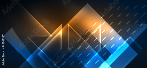 Background wallpaper neon glowing lines and geometric shapes. Dark wallpaper for concept of AI technology, blockchain, communication, 5G, science, business and technology