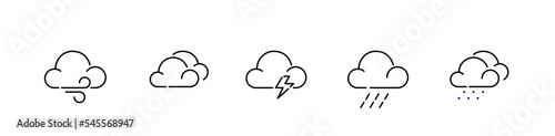 Set of bad weather icons. Cloudy, thunderstorm and rain. Pixel perfect, editable stroke designs