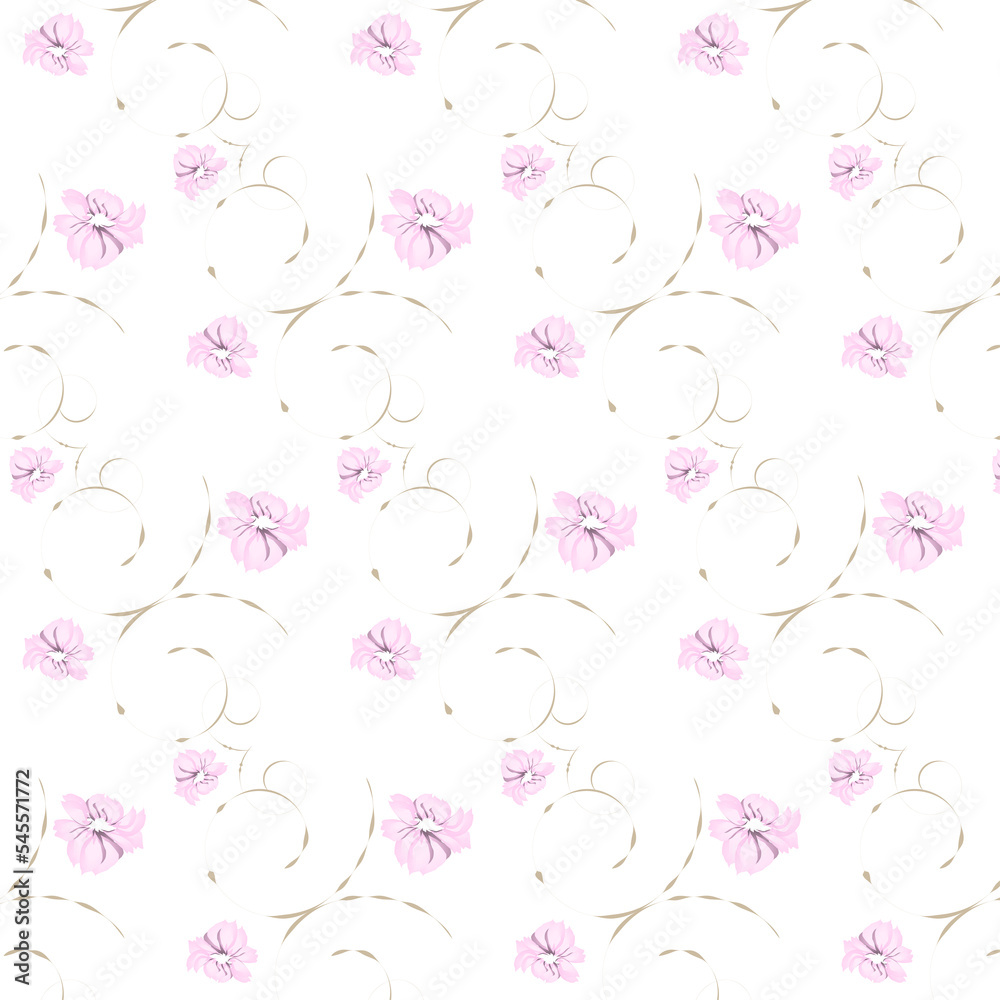 Pink flowers and golden lines perform a delicate pattern .3d.