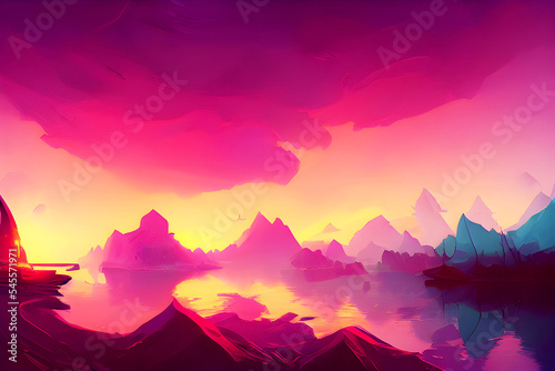 Pink Sea Mountain - Fantasy Graphic Art 