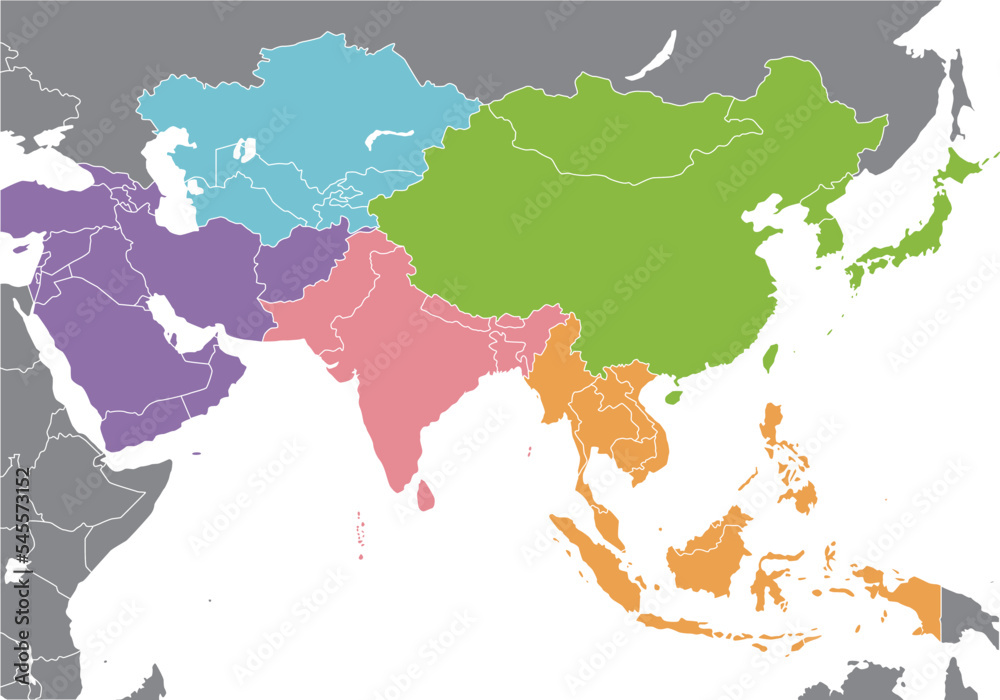 東アジア、東南アジア、中央アジア、南アジア、西アジア、よく使われるアジアの地域区分