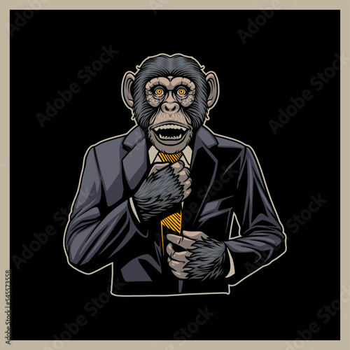 monkey business, primate wearing formal tuxedo fixing the yellow tie looking for a job, premade design print