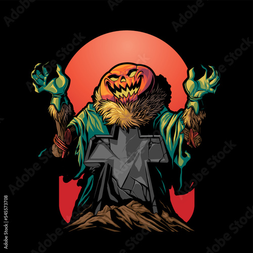 pumpkin scarecrow doing horror spooky scene including grave stone in halloween theme