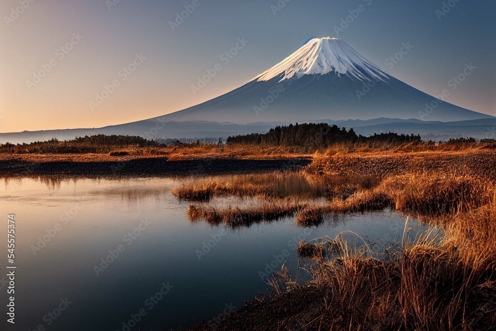 Sunrise Serenity: A Kimoicore Landscape of Mt. Fuji Reflecting on a Field