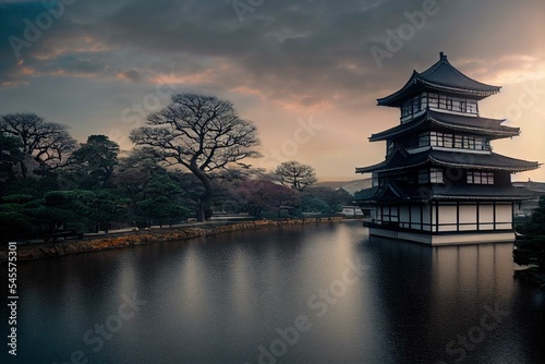 Japanese pavilion in the morning / sunset, japan, castle, architecture, asia, china, building, palace, japanese, temple, travel, osaka, ancient, sky, water, samurai, traditional, culture, tower