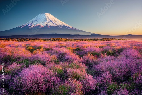 Purple Dawn: Photo-Realistic Landscape of Mount Fuji with Hyacinth Bloom