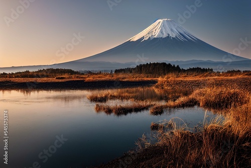Sunrise Serenity  A Kimoicore Landscape of Mt. Fuji Reflecting on a Field