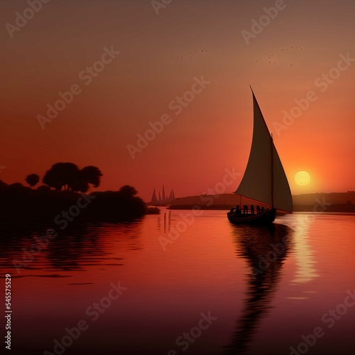sailing boat at sunset, on the nile, sailing, sea, sailboat, sail, yacht, water, ocean, sun, travel, sky, silhouette, summer, ship, orange, nature, river, sunrise, nile, cruise, tourism, horizon, lake